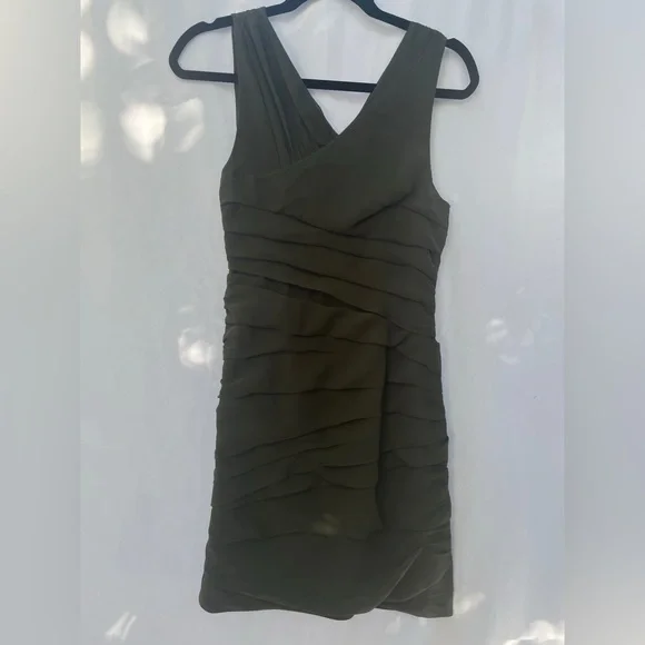 Aqua Olive Green Ruched Abstract Shoulder Mini Dress (Small) - Picture 3 of 6